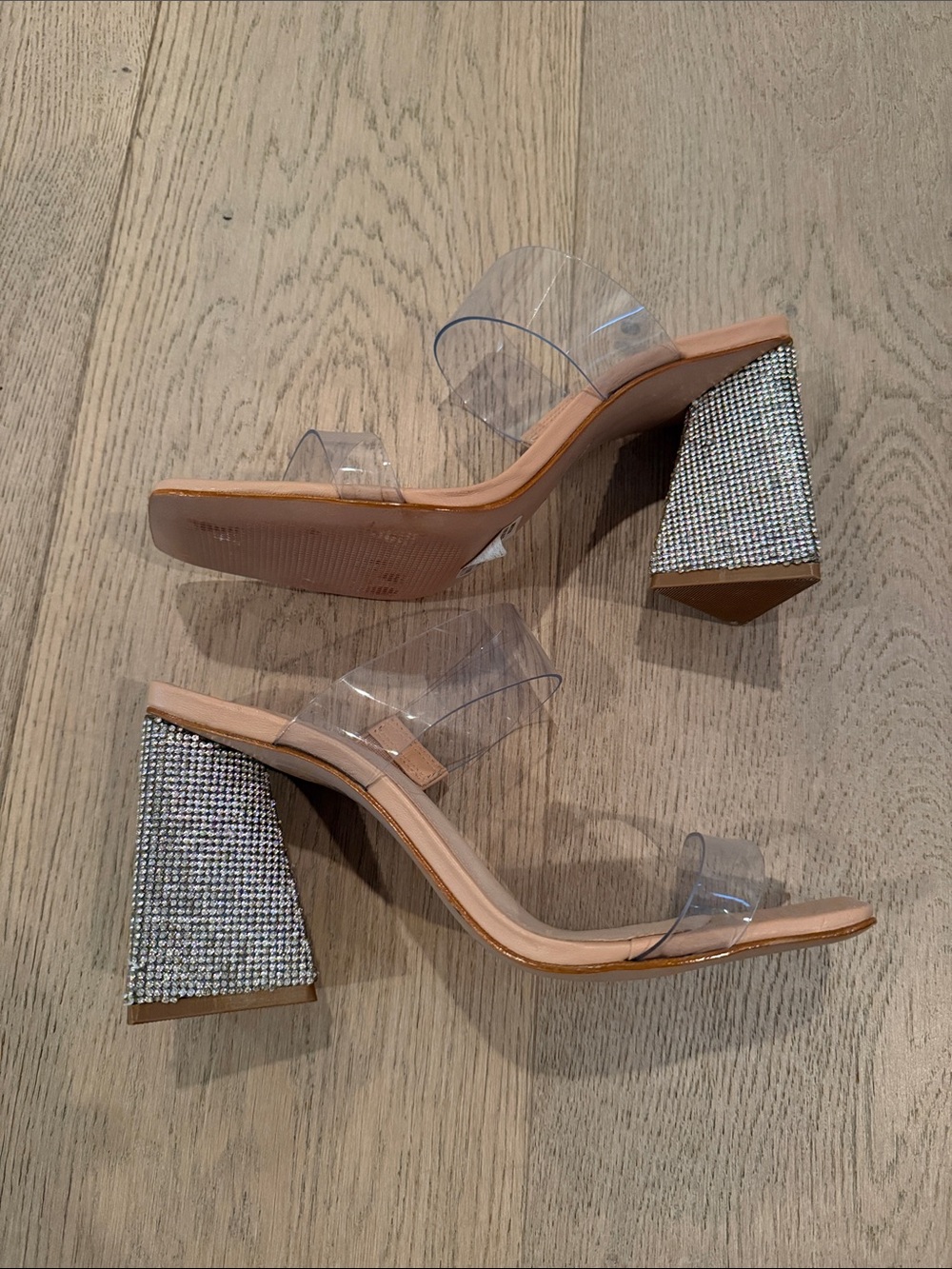 SCHUTZ Clear Strap Block Heel Sandals with Rhinestone Heel